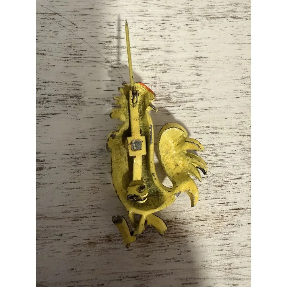 Vtg Yellow Rooster Chicken Brooch Pin Painted Cast Metal Red Hat Farm Folk Art